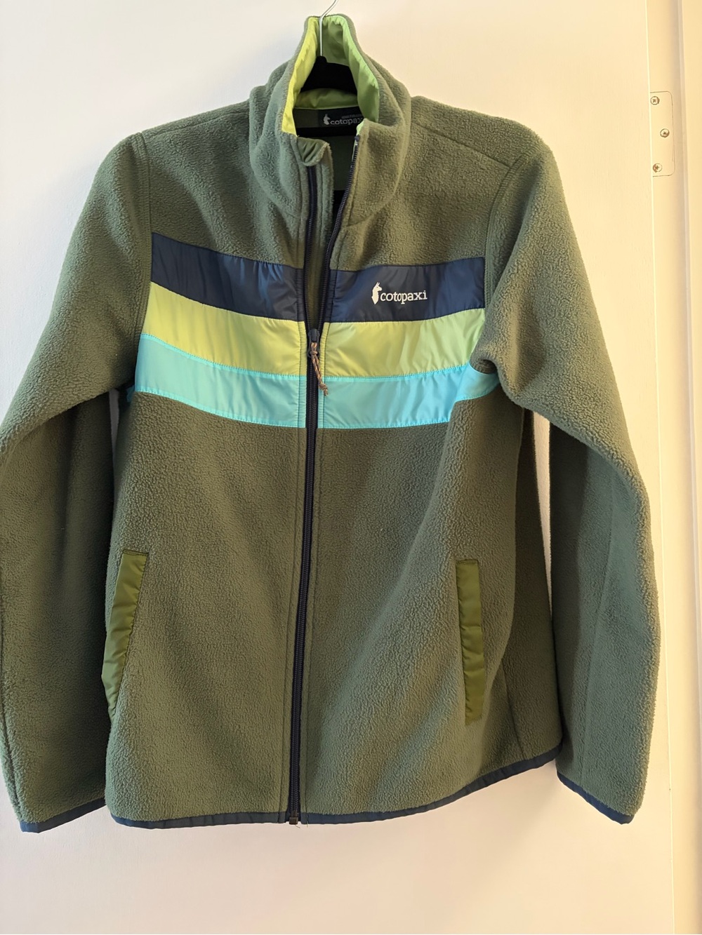 cotopaxi Olive Green Kids Fleece Jacket with Aqua & Lime Bands